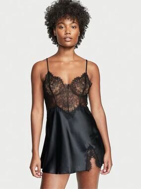 Victoria's Secret XXL Black Satin Lace Slip Chemise Nightgown NWT Lingerie